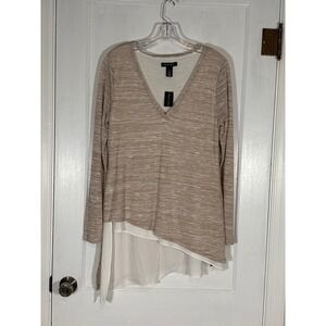 White House Black Market Fawn Ecru Space Dye Layered Asymmetric Tunic Top M NEW